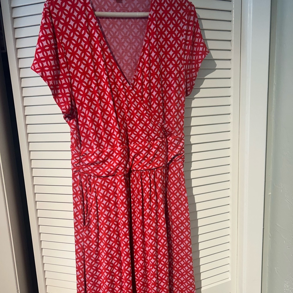 Boden Red and Mauve Geometric Surplice Empire Geometric Dress sz 10